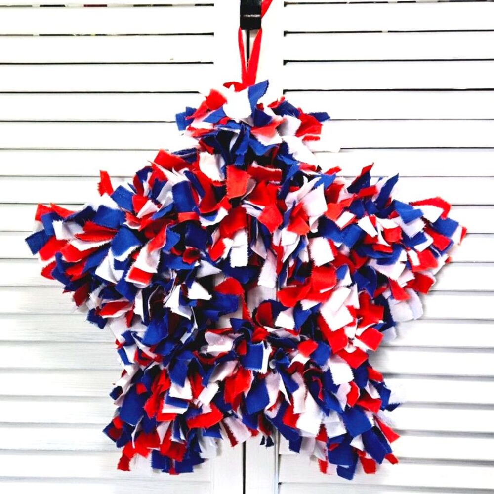 HAND CRAFTED Red White & Blue Americana Patriotic 4th of July Star Rag Wreath